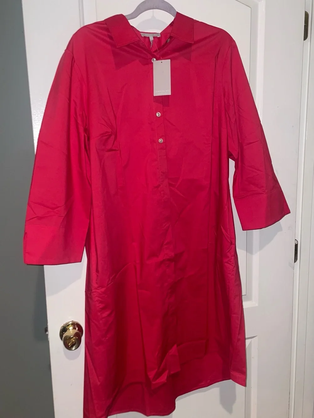 HINSON WU Button-Front Midi Shirt Dress in Bright Pink/Red
